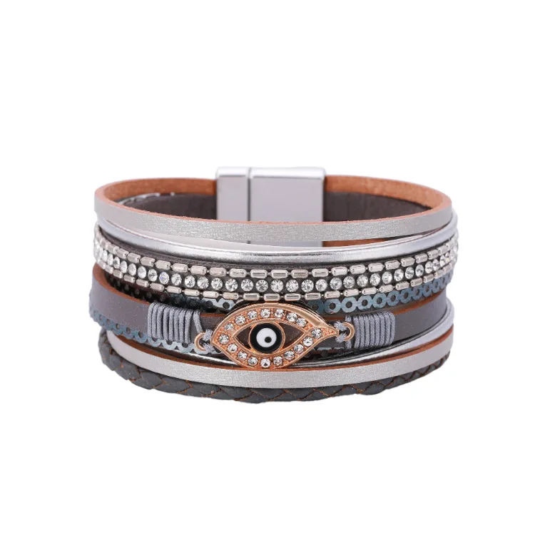 Boho Retro Ethnic Turkish Blue Eyes Bracelets Bangle Handmade Braiding Multilayer Leather Wrap Bracelet with Magnetic