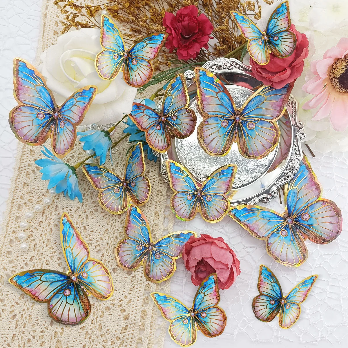 12pcs 3D three-dimensional colorful silver butterfly stickers wedding festival party balloon decoration wall stickers
