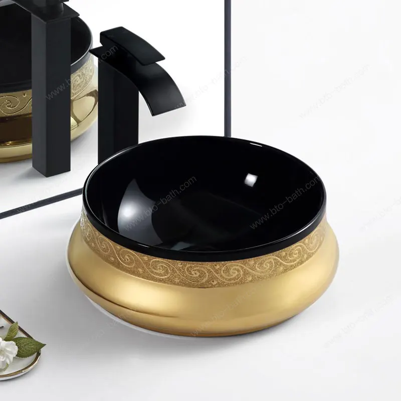2024 New Design lavatory sink luxury black gold plating face basin above counter bathroom sinks vessels sink