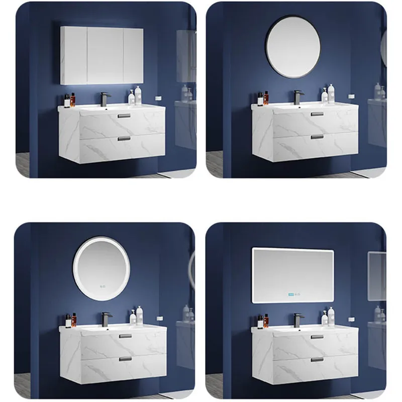 Hotel Lavatory White Marble Pattern Wall Mount Bathroom Vanity Cabinet