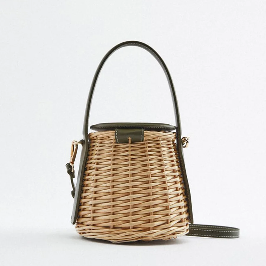 2024 Summer Rattan Hand Bags Boho Beach Bag Wicker Basket Purse Woven Straw Bucket Bag