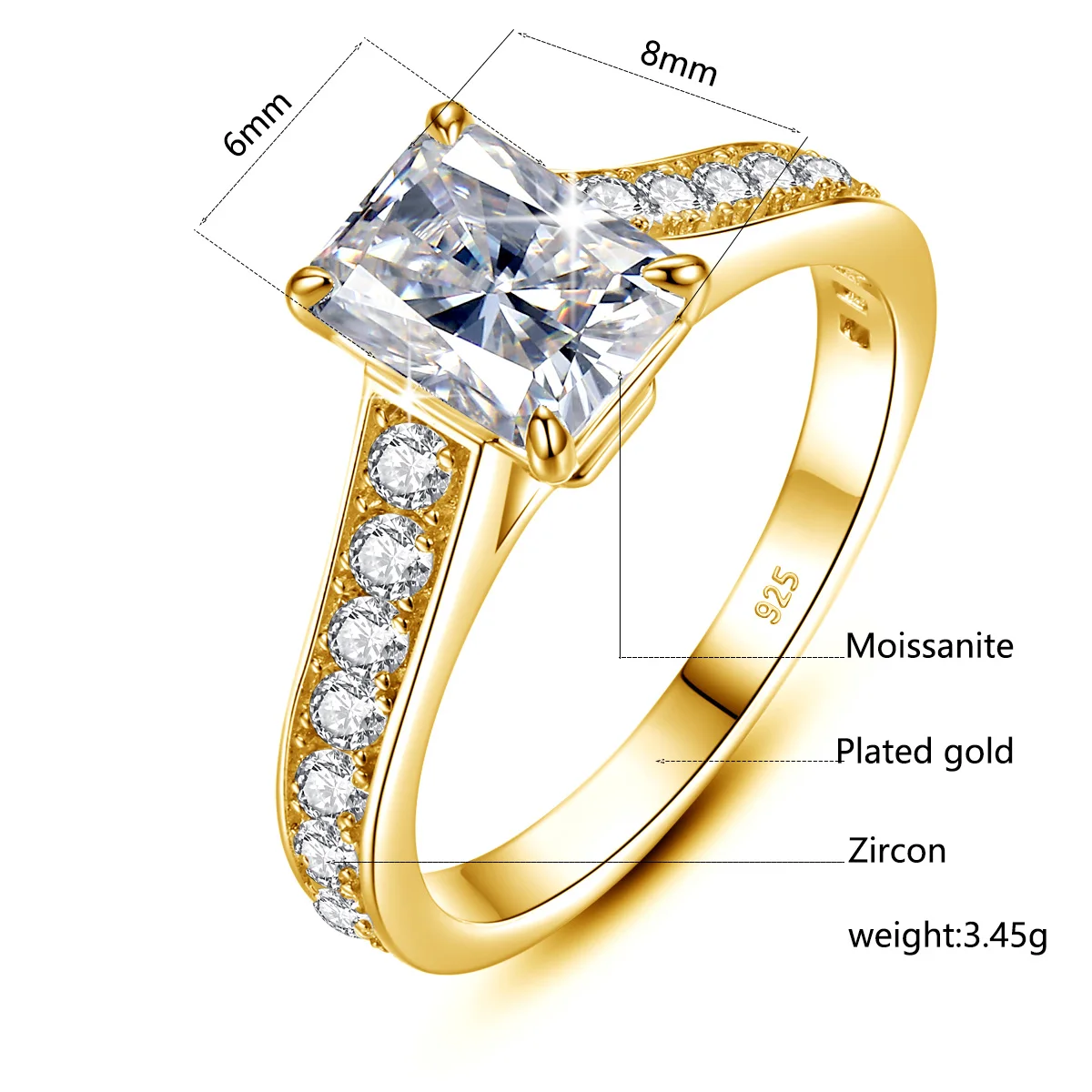 Jewelry Manufacturer Classic D Color Diamond Bridal Engagement Silver Gold Emerald Cut moissanite ring 18k gold bridal plated