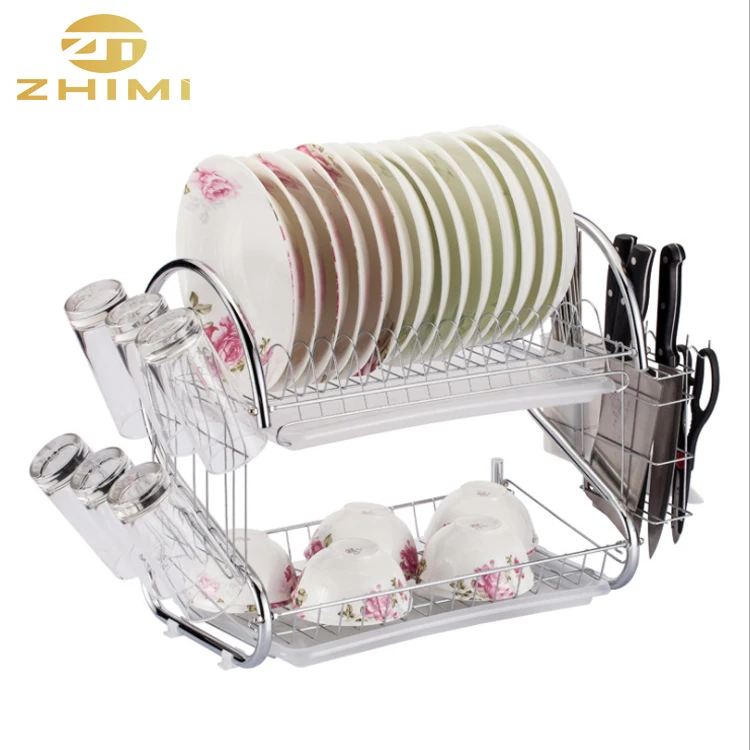 2-Tier Metal Dish Storage and Drainboard Kitchen Chrome Cup Drying Rack Tray Cutlery Drainer Holder