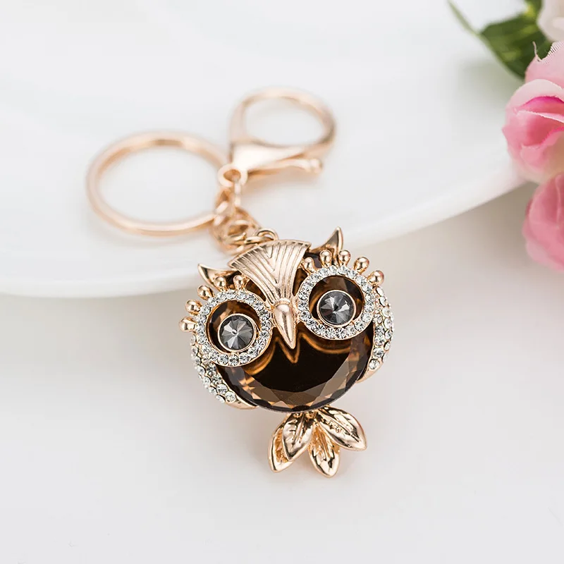 Best Selling Metal Zinc Alloy Crystal Owl Cute Rhinestone Key Bag Buckle Car Pendant Keychain
