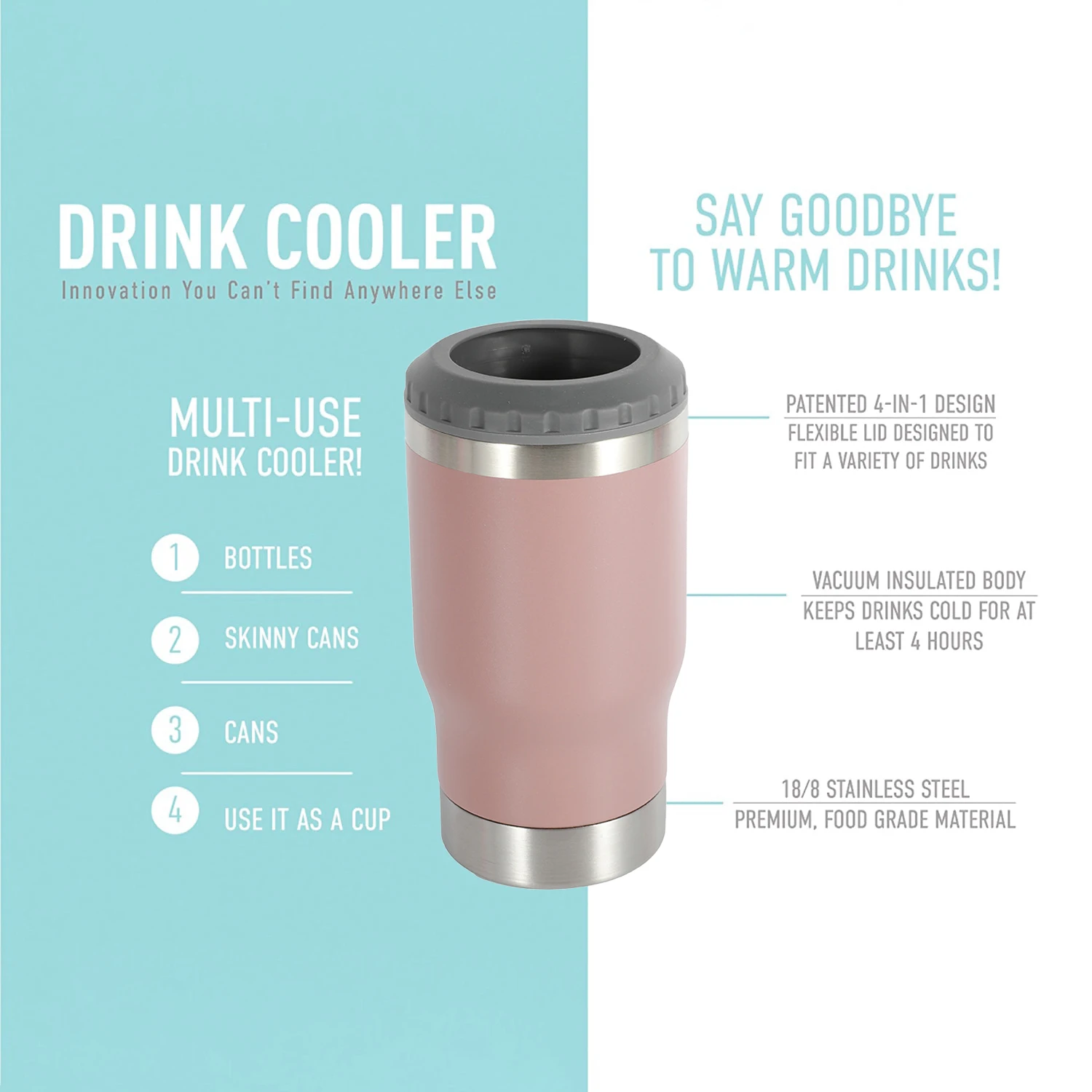 Customized 4-In-1 Stainless Steel Tumbler Double Wall Vacuum Coffee Mug Wine Tumbler Beer Can Cooler With Lid