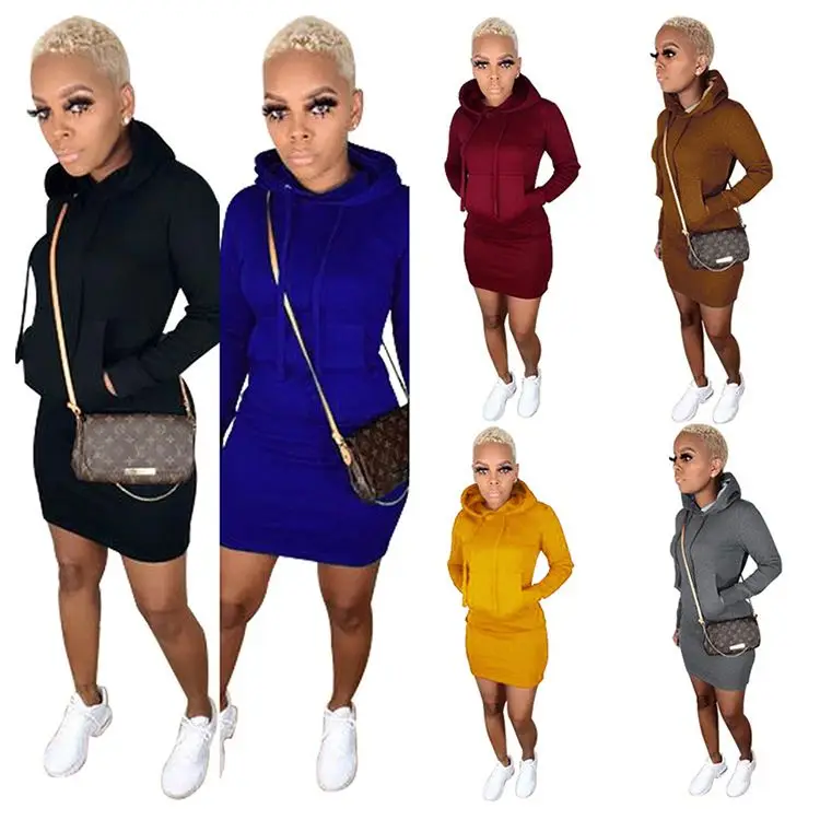 
Best Price Solid Color Fall Long Sleeve Lady Plus Size Hooded Boutique Clothing Fashion Women Wholesale Casual Dresses 