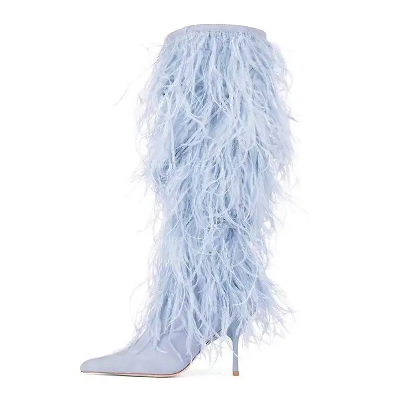 BUSY GIRL N4784 knee boots with feathers fashion luxury high heels custom size 12 light blue black fuzzy faux Ostrich fur boots