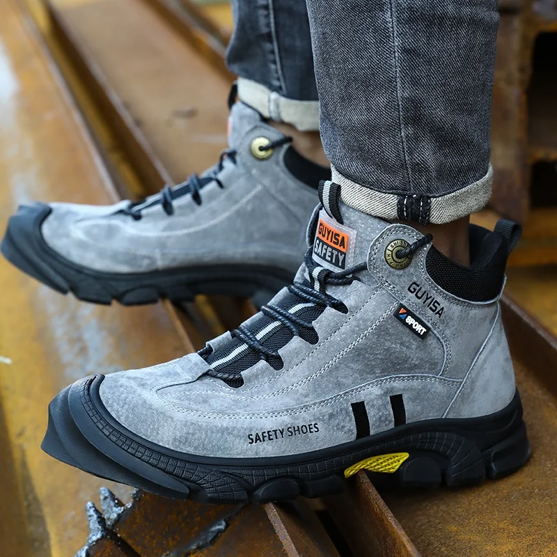 Повседневные защитные ботинки с высоким вырезом, нескользящая резиновая подошва, Противоударные Защитные Ботинки со стальным носком, бренд GUYISA