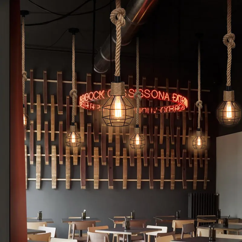 Contemporary Decorative Vintage Hemp Rope Lighting Fixtures Chandeliers & Pendant Lights Led Hanging Light Hotel Modern