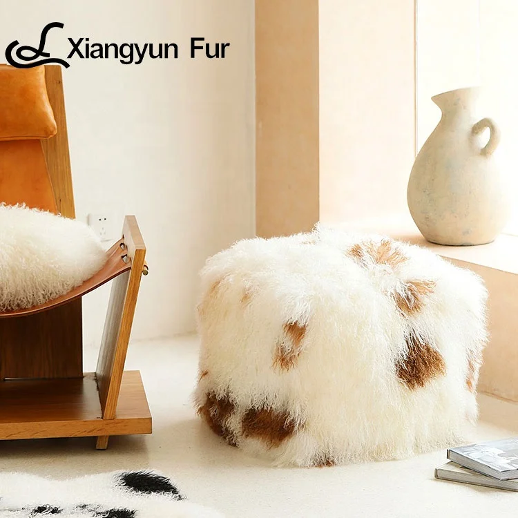 Modern Comfortable Living Room Cow Pattern New Design Minimalist Style Chairs Mongolian Lamb Fur Pouf Stool Fur Ottoman