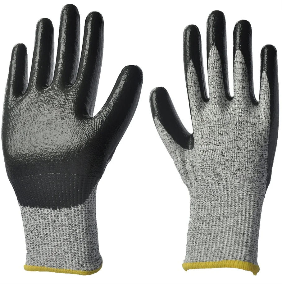 Устойчивые к покраям перчатки 13 калибра серые EN ISO13997, разрезаемый уровень D оболочки (доступны для Уровней B,C и E), гладкое черное Нитриловое покрытие