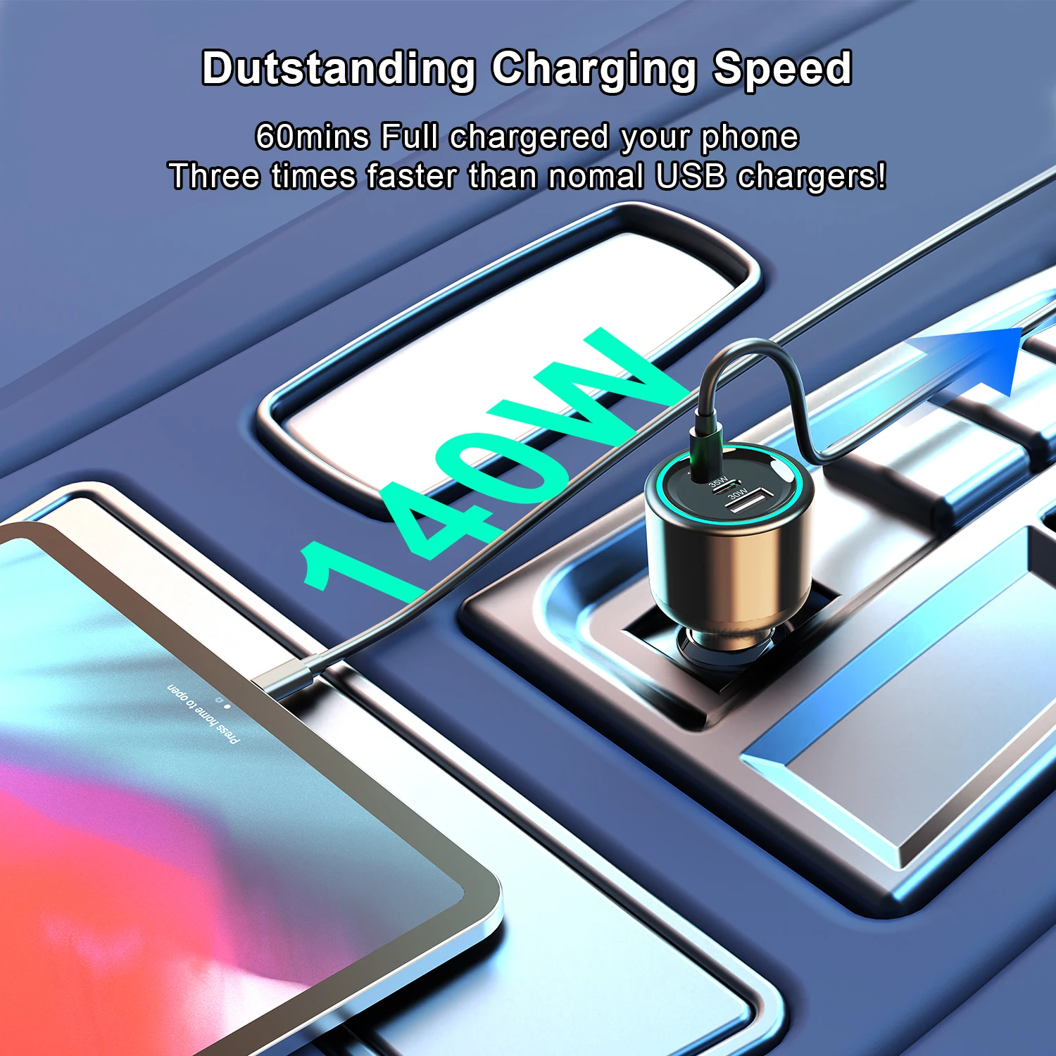 PD 165W Type C Car Charger PD3.1 140W QC3.0 PPS Portable  Laptop Car Adapter Fast Car Mobile Phone Charging for Macbook Notebook