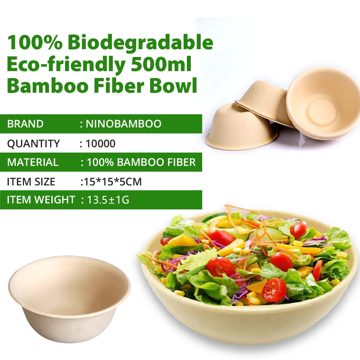 Biodegradable Fruit Bowl Disposable tableware 300ml/500ml salad bowl Bamboo fiber food bowl