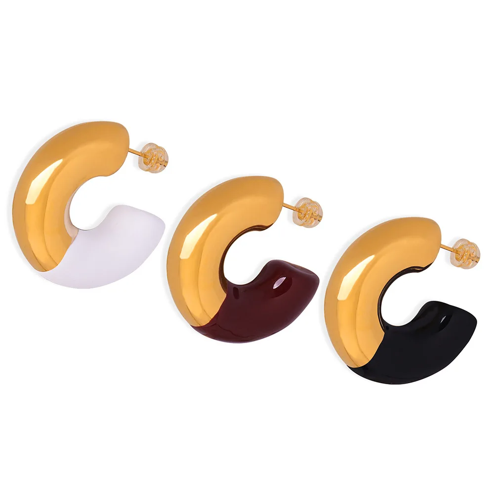 Fashion luxury design circle hoop earrings titanium steel gold-plated geometric chunky C shape glazed earrings jewelry for women