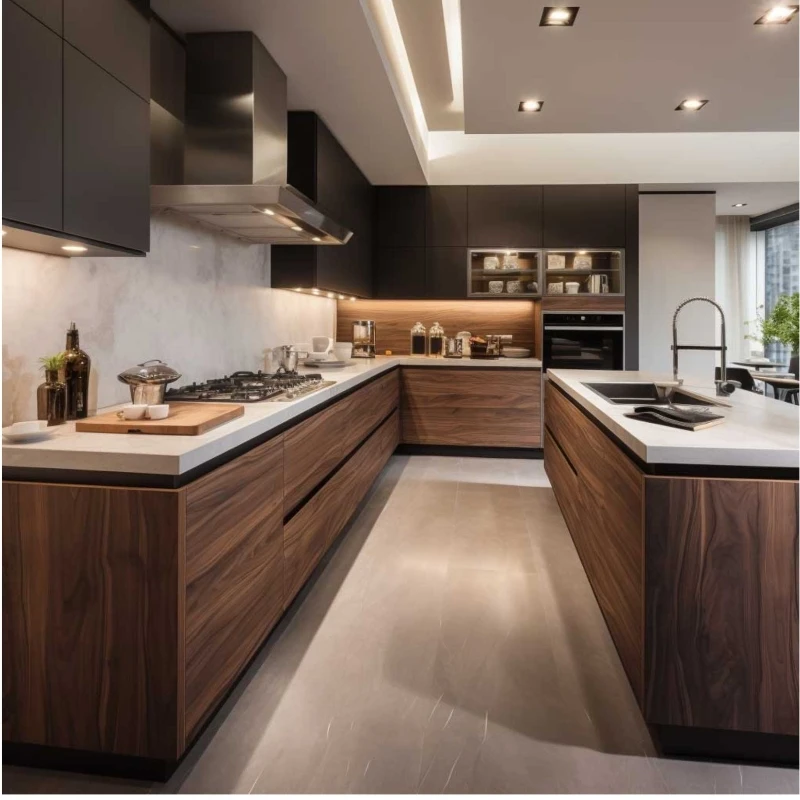 Custom Luxury Wooden Kitchens Furniture Moderne Walnut Solid Wood Kitchen Cabinets Affordable Kitchen Cabinets