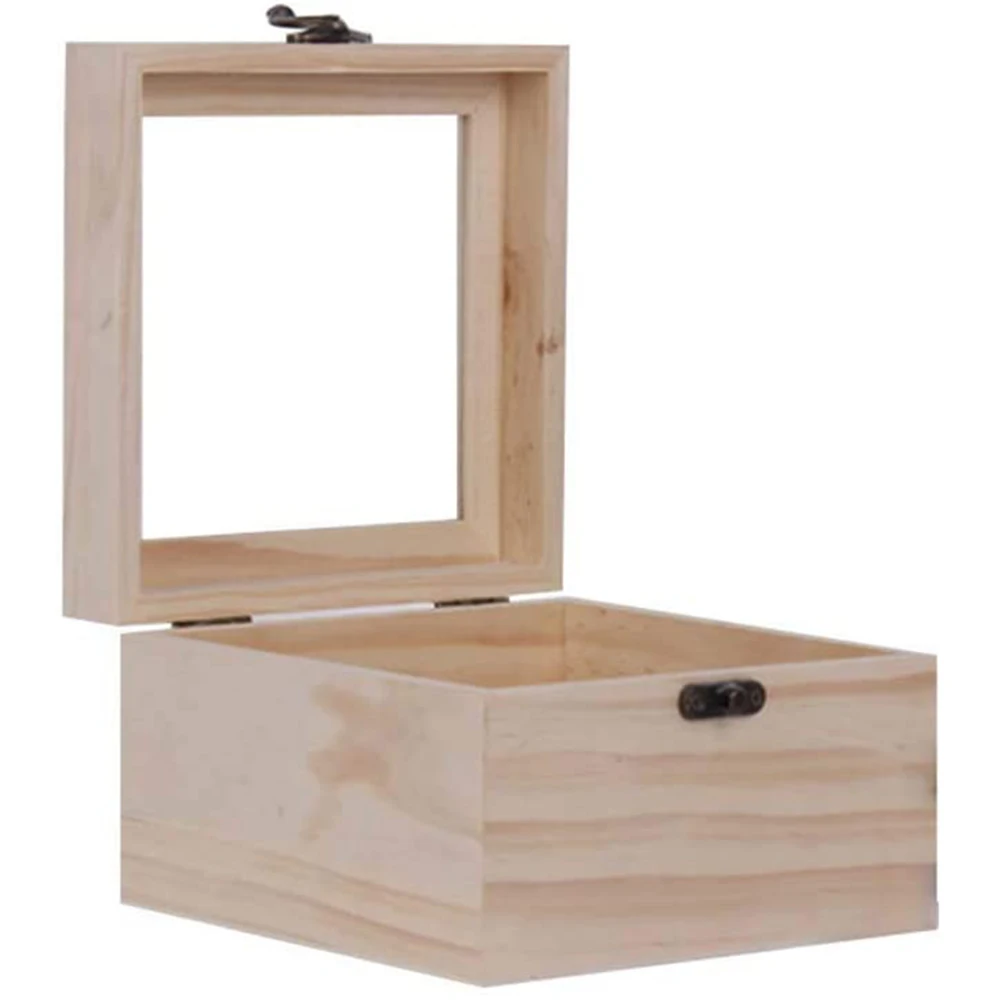 Unpainted DIY Treasure Storage Chest with Hinged Lid and Glass Top Wooden Gift Box