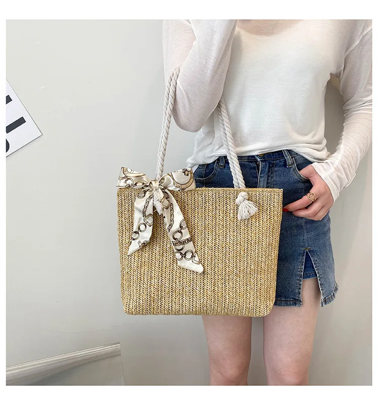 customized low price handmade woven weaving casual white woven  bow straw shoulder tote hand bag purse