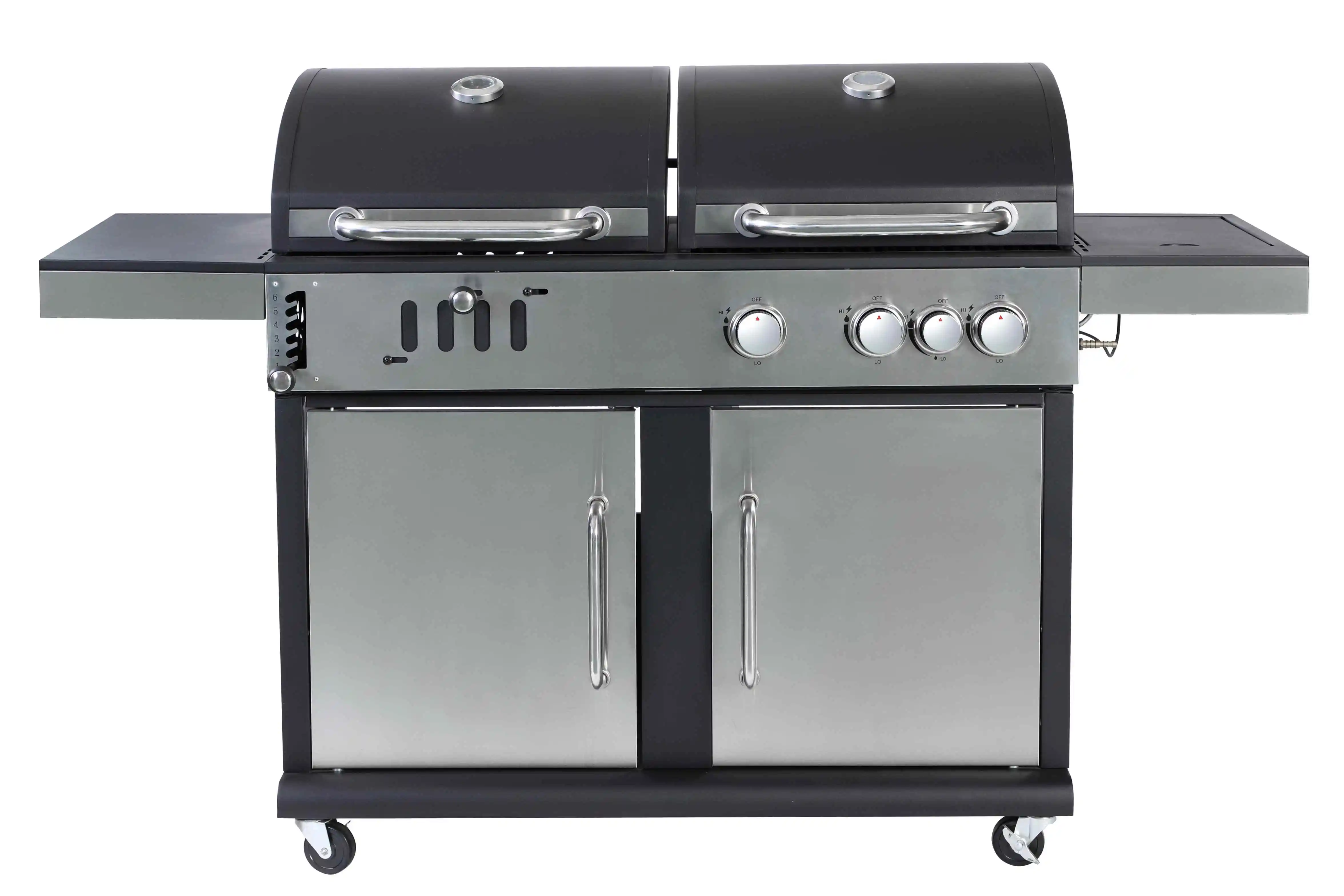 Garden Backyard Portable 3 burner gas charcoal bbq grill + side burner with wheels