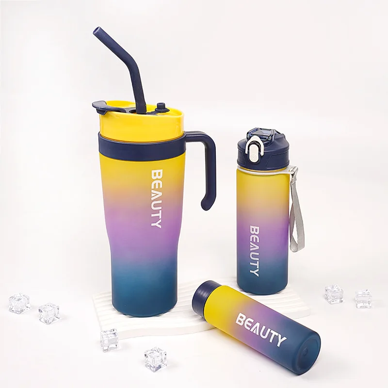 3 in 1 Gradient color frosted straw dual-drinking plastic large-capacity car-mounted 3pcs handle cooler cup water bottle