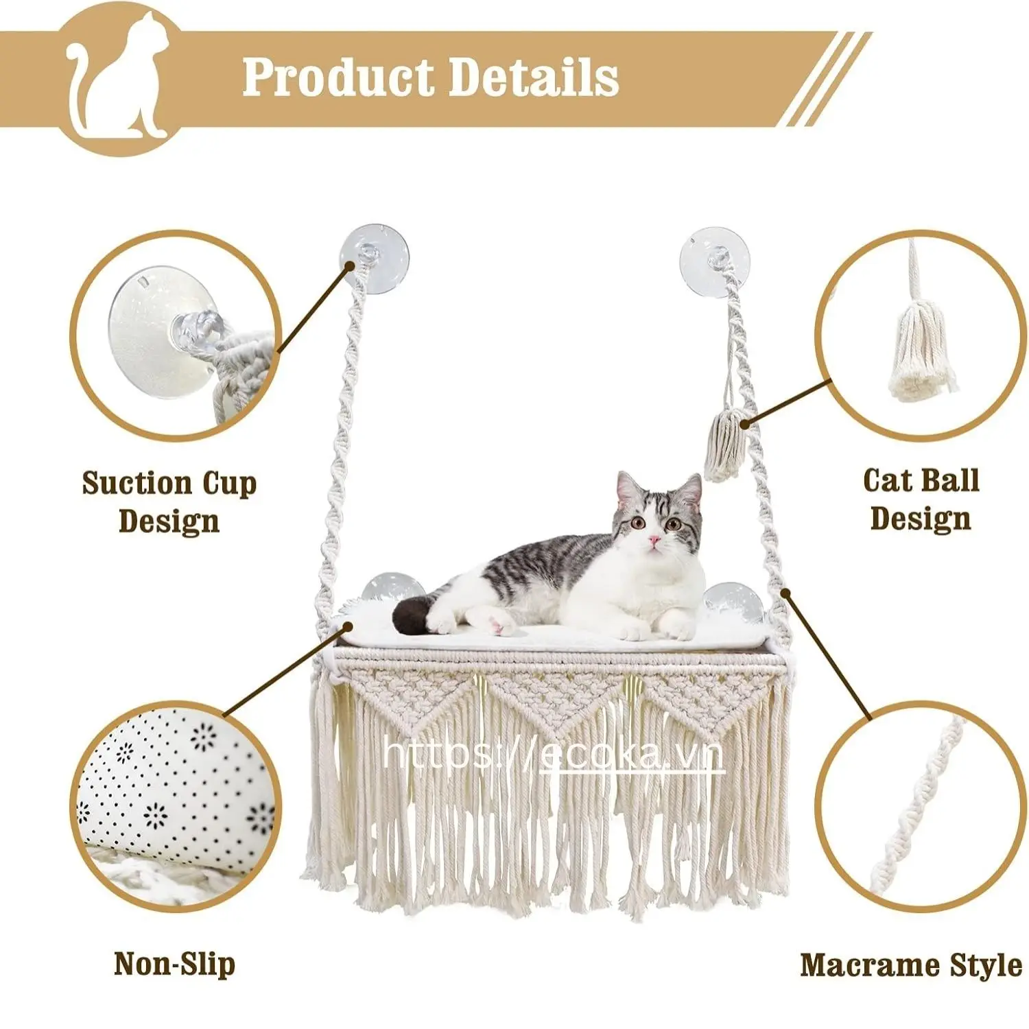 Hot Sale Boho Macrame Cat Window Perch Solid Pattern Indoor Pet Cage Wall Mounted Cat Hammock with Safety Resting Seat Bed