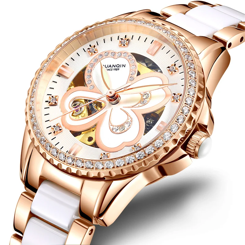 GUANQIN Brand Custom Logo Beautiful Design of Women  Ceramic Strap Automatic Mechanical Smart Watch