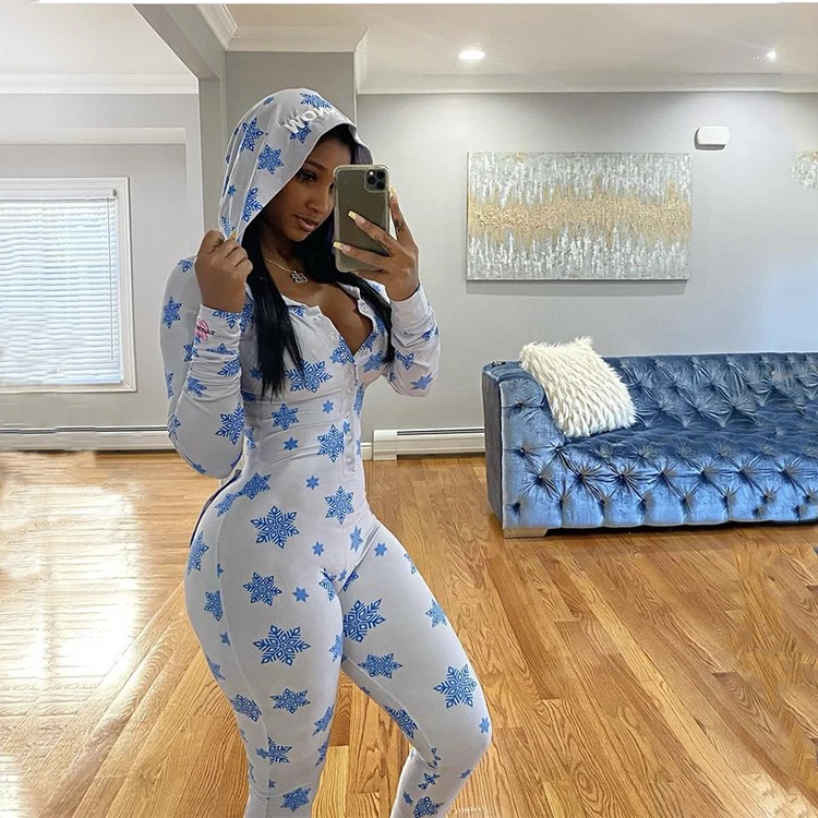 Оптовая продажа 2021, лучшее качество, Женская рождественская Пижама с капюшоном и V-образным вырезом, комбинезон большого размера