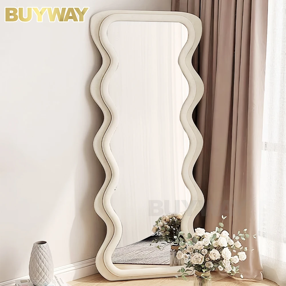Ins Home Decor Irregular Modern Wavy Velvet Frame Large Full Length Body Wall Floor Customized Luxury Livingroom Standing Mirror