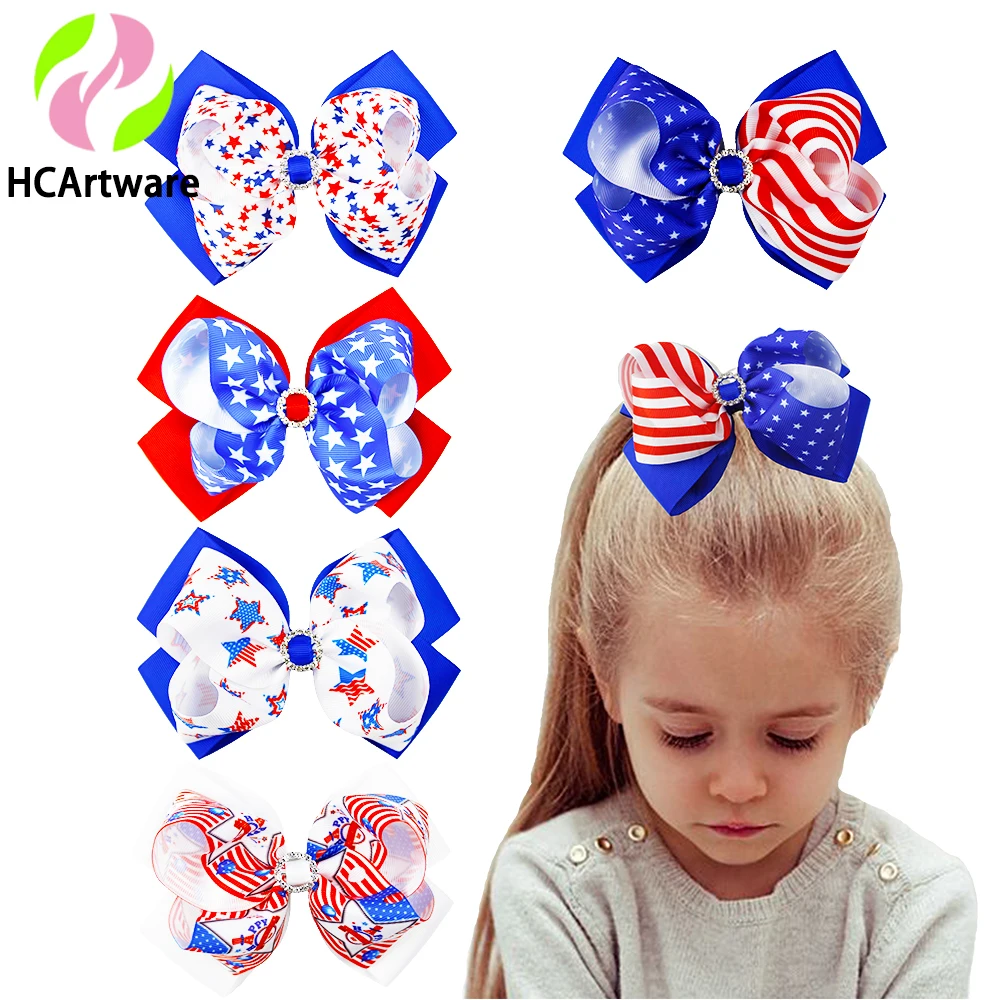 New Hot Sale 6-Inch Double Ribbon Hair Bow July 4 Independence Day Bow Hairpin For Girls With Premium Rhinestones