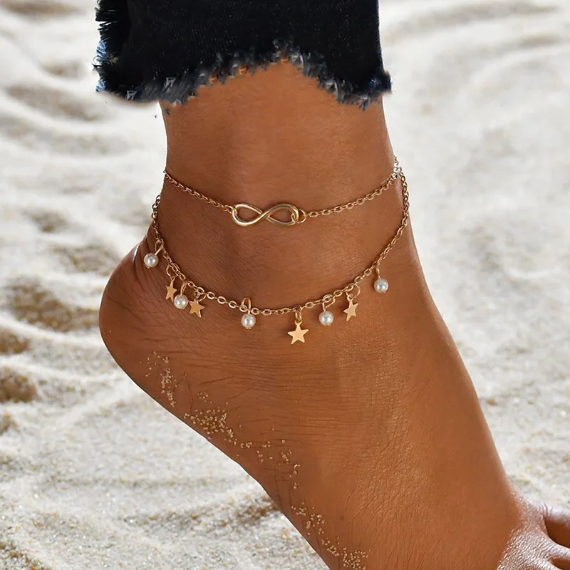 Boho Gold Color Star Infinity Anklets Fashion Multilayer Foot Chain New Simulated Pearl Anklet Bracelet for Women Beach Jewelry