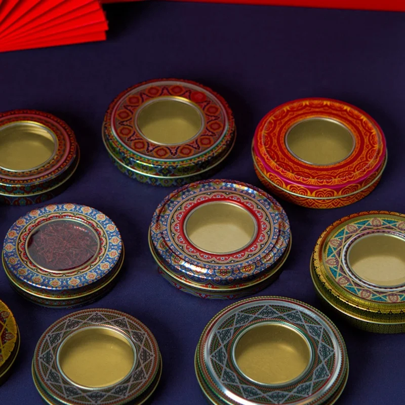 Custom Hot Sale Luxury  Saffron Packaging Tin Box  with Window Small Round Fancy Metal Gift Box