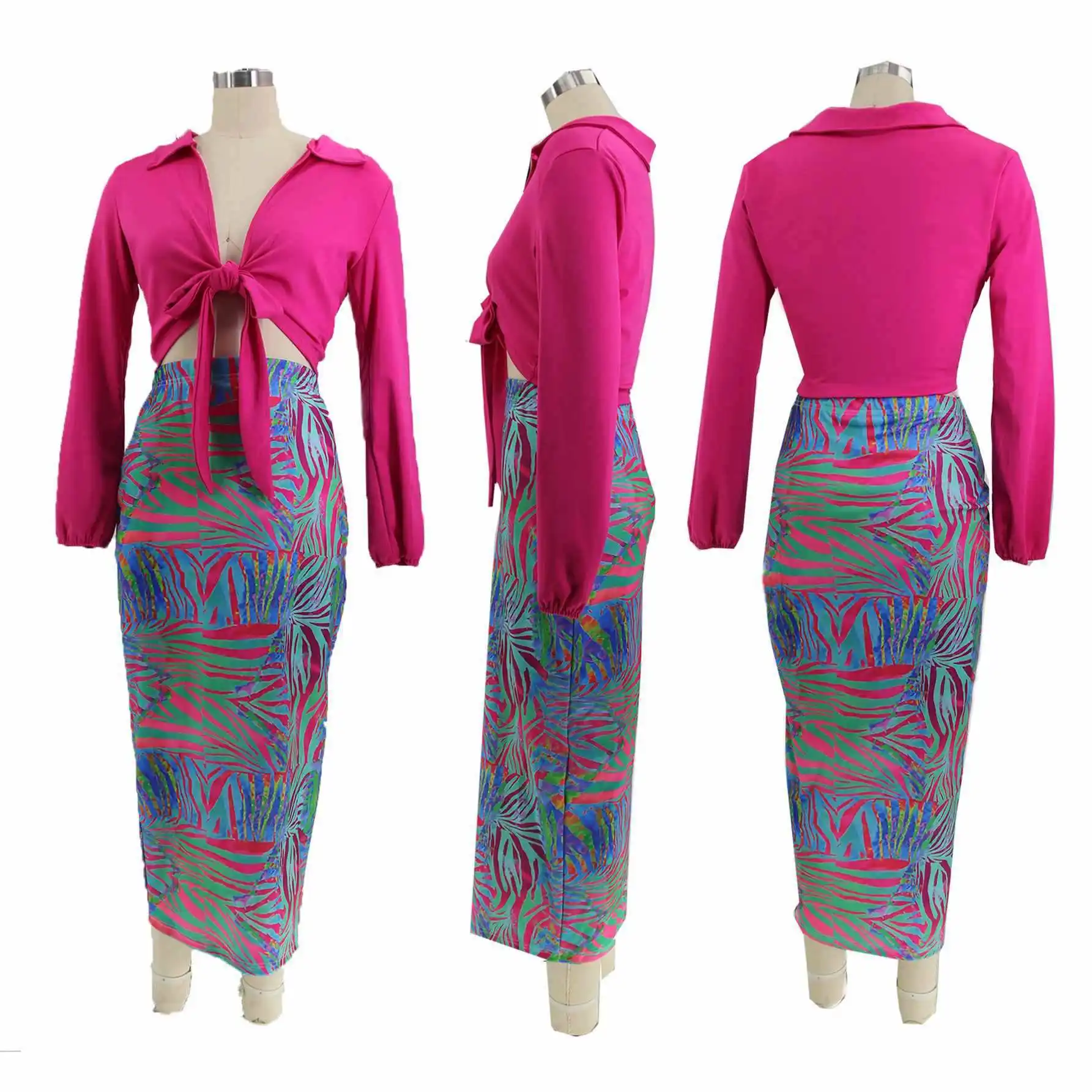 L-5Xl 2 For Women Long Sleeve Plus Size Skirts Two Pieces Set 2024 Summer Clothing New trends