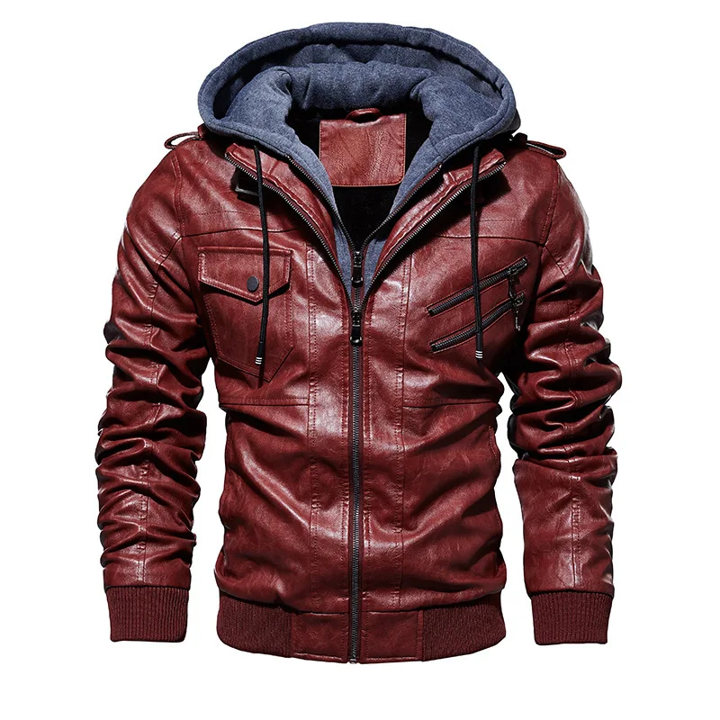 Cuero Chaquetas-de-piel Hombr Rompevientos Chaqueta brown leather jacket Men Shearling Zipper Hooded Coat Brown Leather Jacket