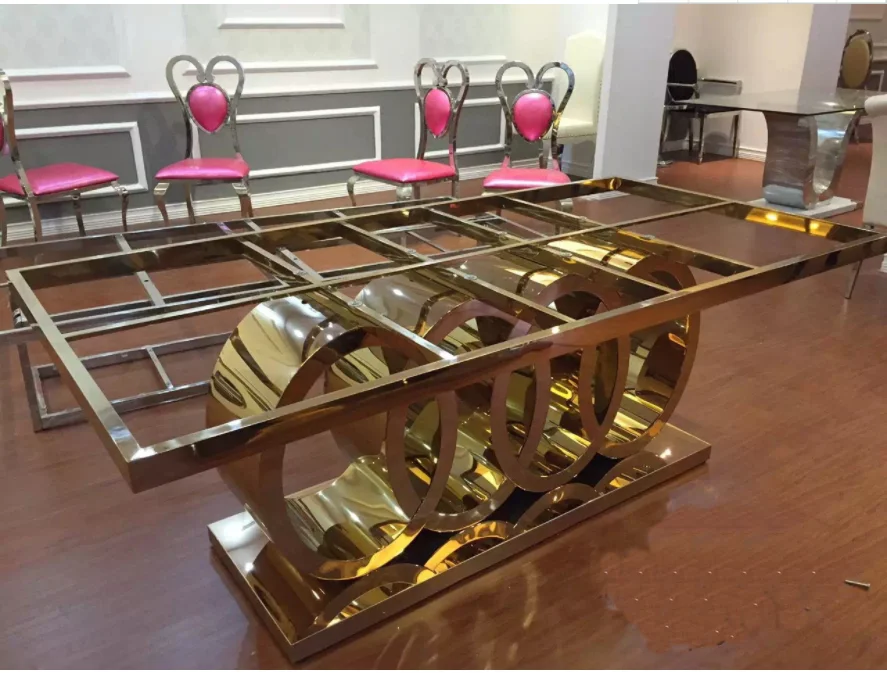 Подходящий для вечеринки мраморный верх или стеклянный верх латунный золотой обеденный стол из нержавеющей стали с стулом набор мебели для столовой