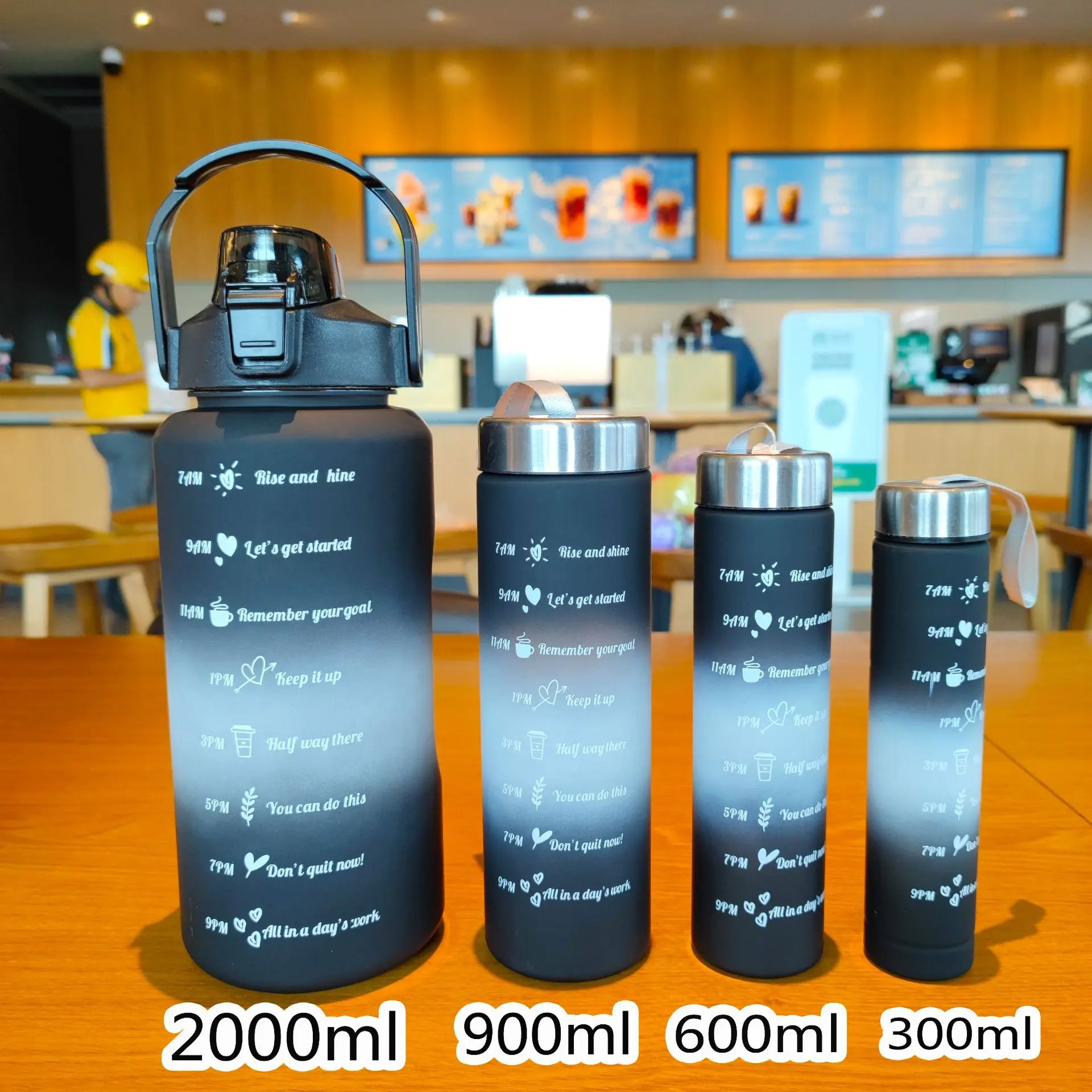 4 Pcs Set Motivational Water Bottles Portable Plastic Half Gallon Sports 4 in 1 Water Bottle Sets with Straw