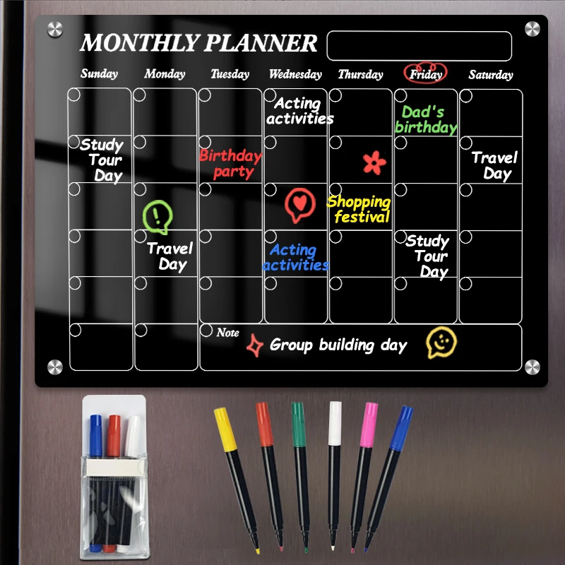 Note Board Refrigerator Acrylic Dry Erase Board Magnetic Clear Glass Includes 4 Dry Erase Markers