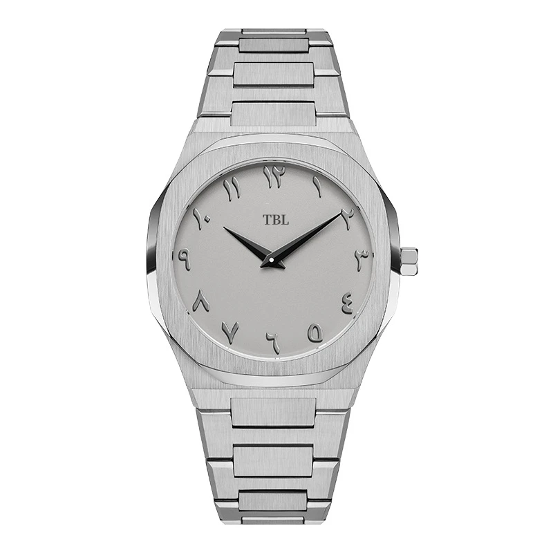 Private Label OEM Custom Logo Arabic Dial Casual Ultra Thin Gray Fashion Wrist Stainless Steel Luxury Quartz Watch For Men