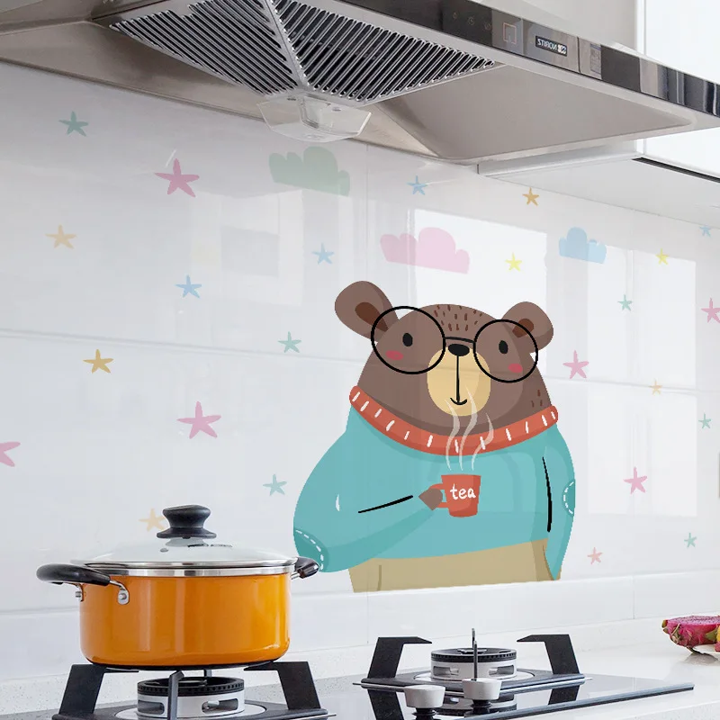 Cartoon Kitchen Oil Proof Removable Wall Stickers Home Art Pattern Wall Decor Aluminum Foil Stove Wall Sticker
