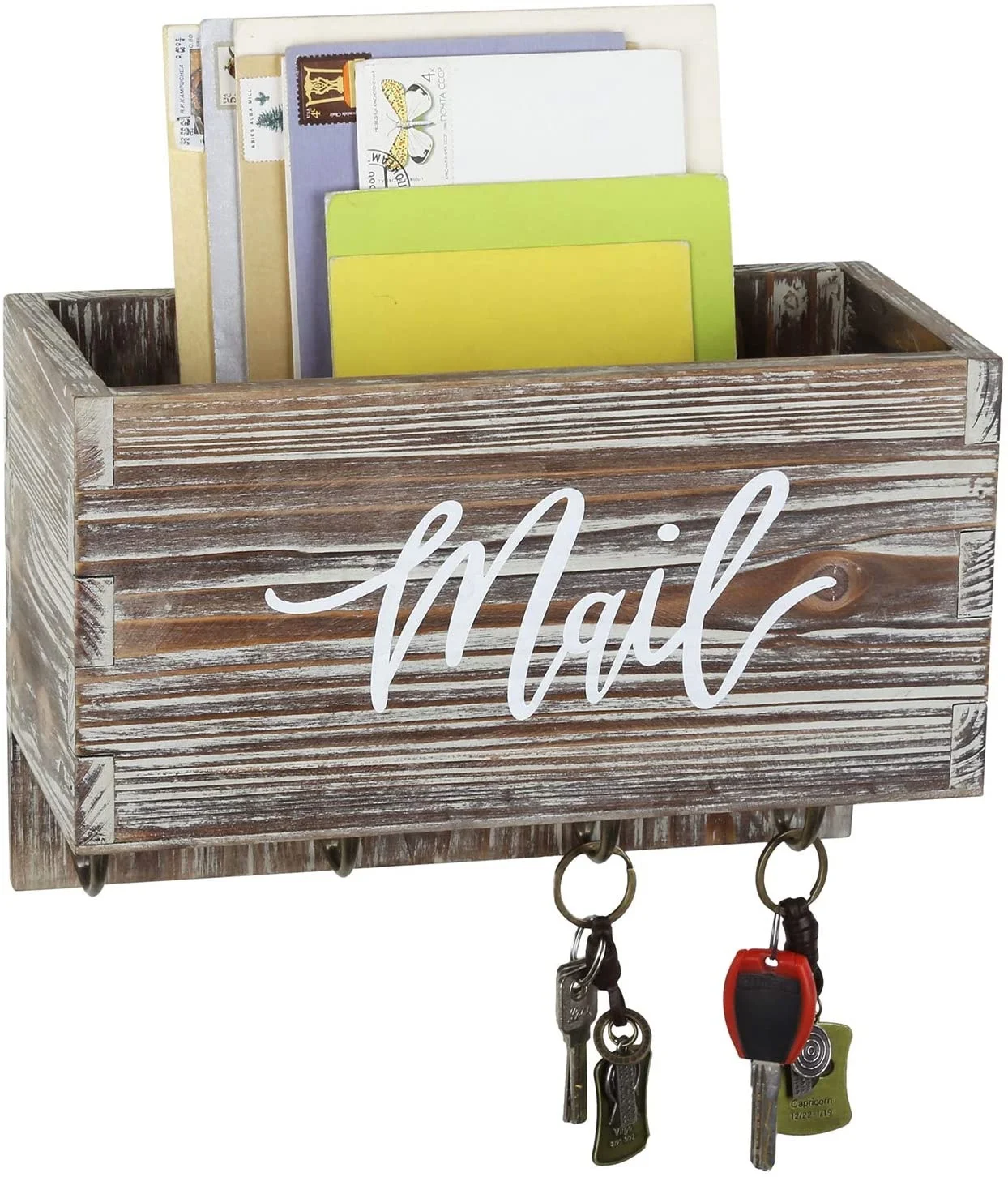 Rustic Torched Wall Mounted Decorative Mail Sorter Letter Holder Box with 4 Key Hooks, Modern Cursive Mail Print