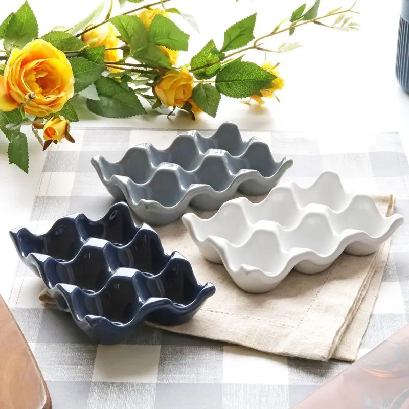 6 Grids Ceramic Egg Tray - Half Dozen Egg Holder Container Keeper Storage Organizer Decorative Serving Plate Kitchen Accessories