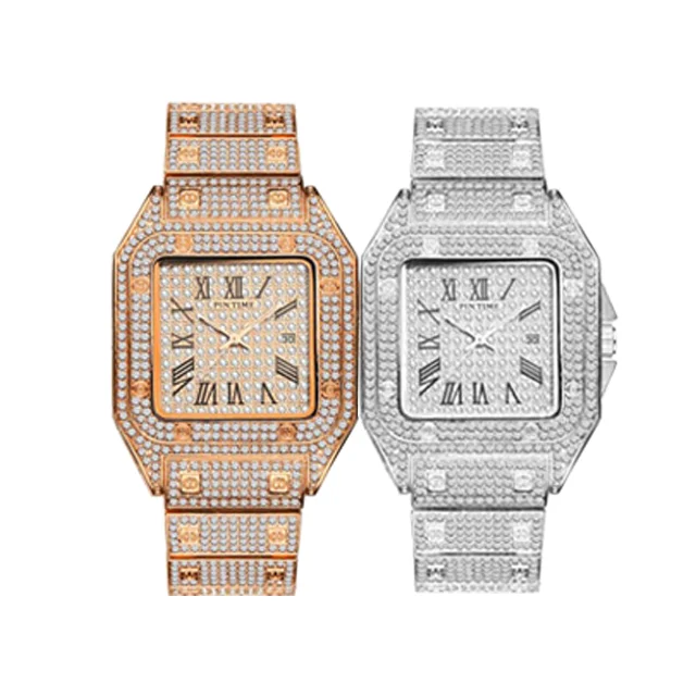 PINTIME Gold Square Men Watch Hip Hop Diamond Iced Out Watch Men Calendar Business Quartz Wristwatch Relojes