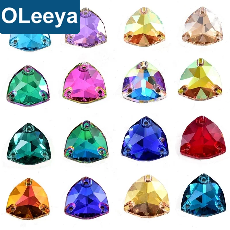 Oleeya 5A Top Quality Crystal Glass Sew On Rhinestones Flatback Over 20 Colors Fat Triangle Sew On Crystals Costume Decoration