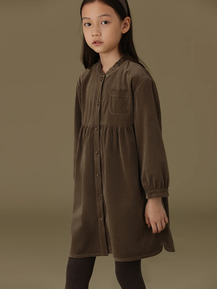 Winter New Casual Fungus Collar Open Button Corduroy Parent-Child Plus Velvet Long-Sleeved Girl Dresses 6 to 14 Years