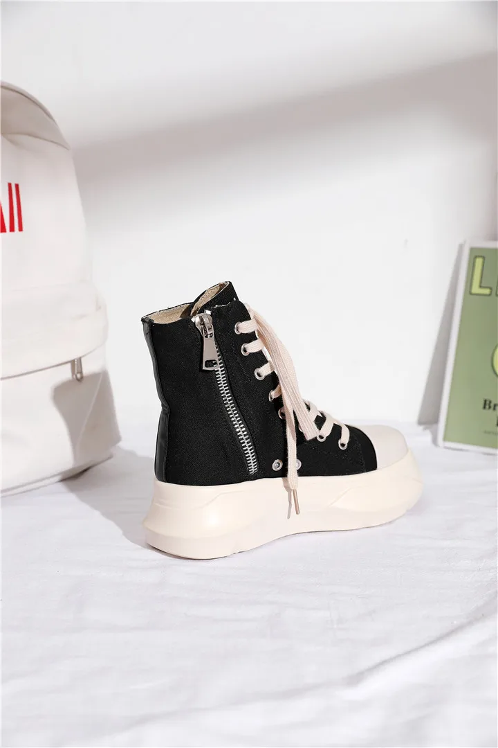 Black thick soled high top shoes for women New style high side zipper high top casual shoes Personalized sole leather casual