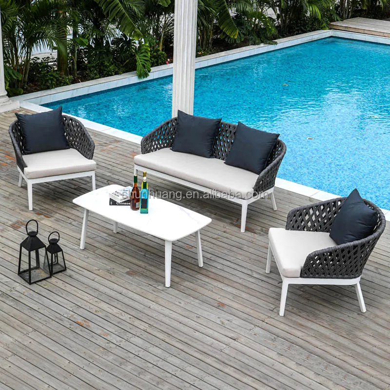 High-end market modern outdoor aluminum rope sofa set waterproof soft gray cushion for poolside leisure sofa set furniture