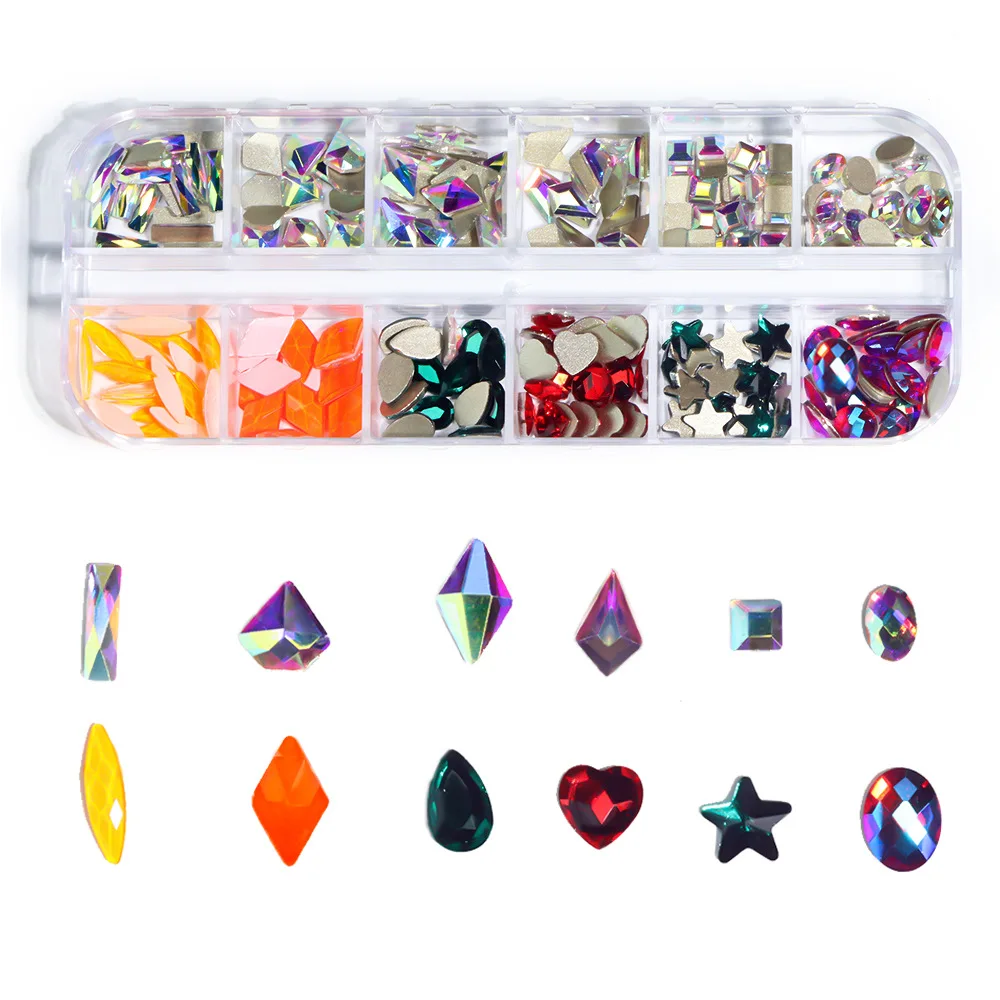 New product 12 grid boxed AB color special-shaped nail polish glass flat bottom rhinestone nail stickers DIY jewelry accessories