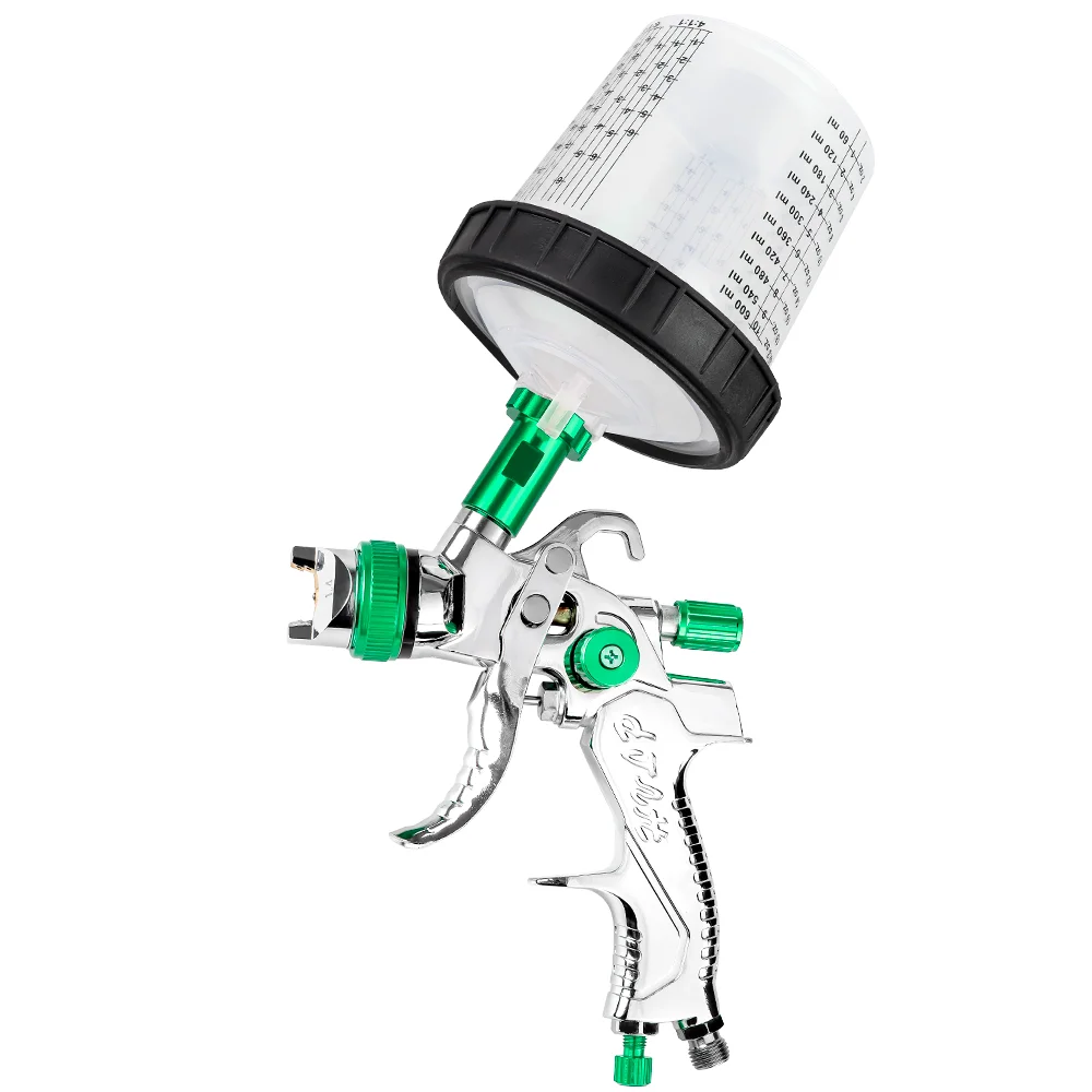 New Design HVLP Pneumatic Tools Kit 600ML Gravity Feed Spray Gun 1.4/1.7/2.0mm&Nozzle Pressure Gauge Green Airbrush Accessories.