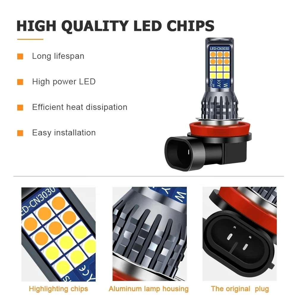 Dual Color LED Car Headlight Bulb H11 Fog Driving Light 24smd 3030 Auto accessories Lighting system DRL lamp
