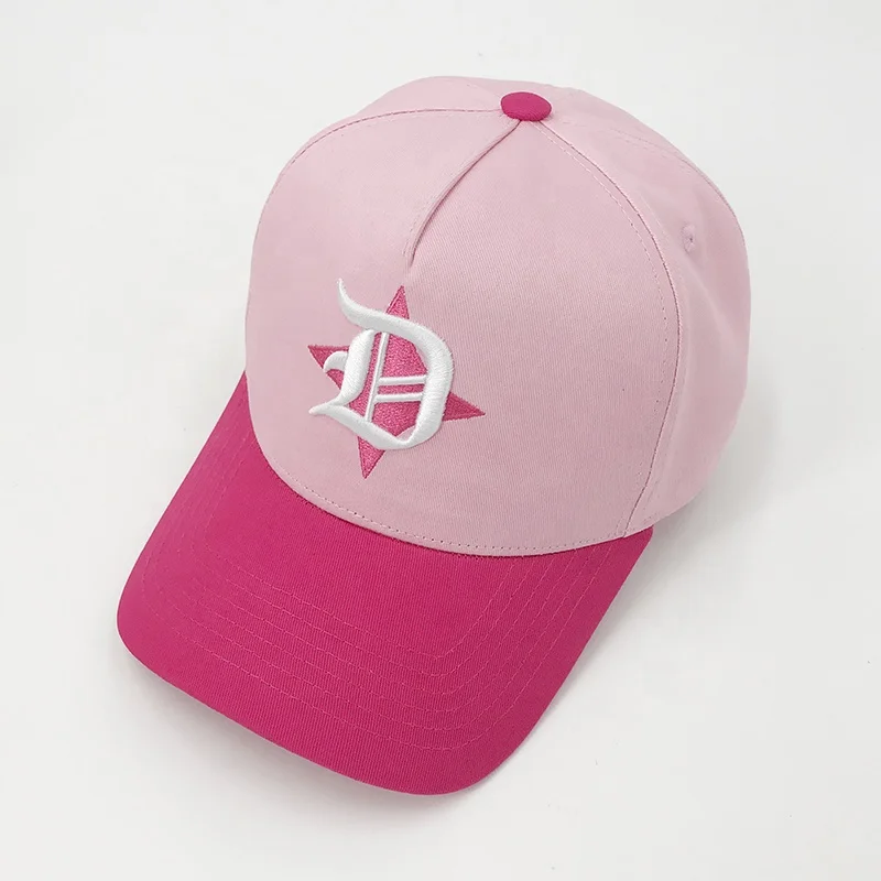 Custom 100% Cotton Embroidery Snap Back Crown Outdoor Pink Fitted Cap 3D Embroidered Logo 2 Tone Sport hat Baseball Cap For Men