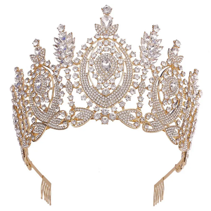 2024 New arrival high quality big crown luxury crystal rhinestones pageant tiaras with comb for women wedding jewelry