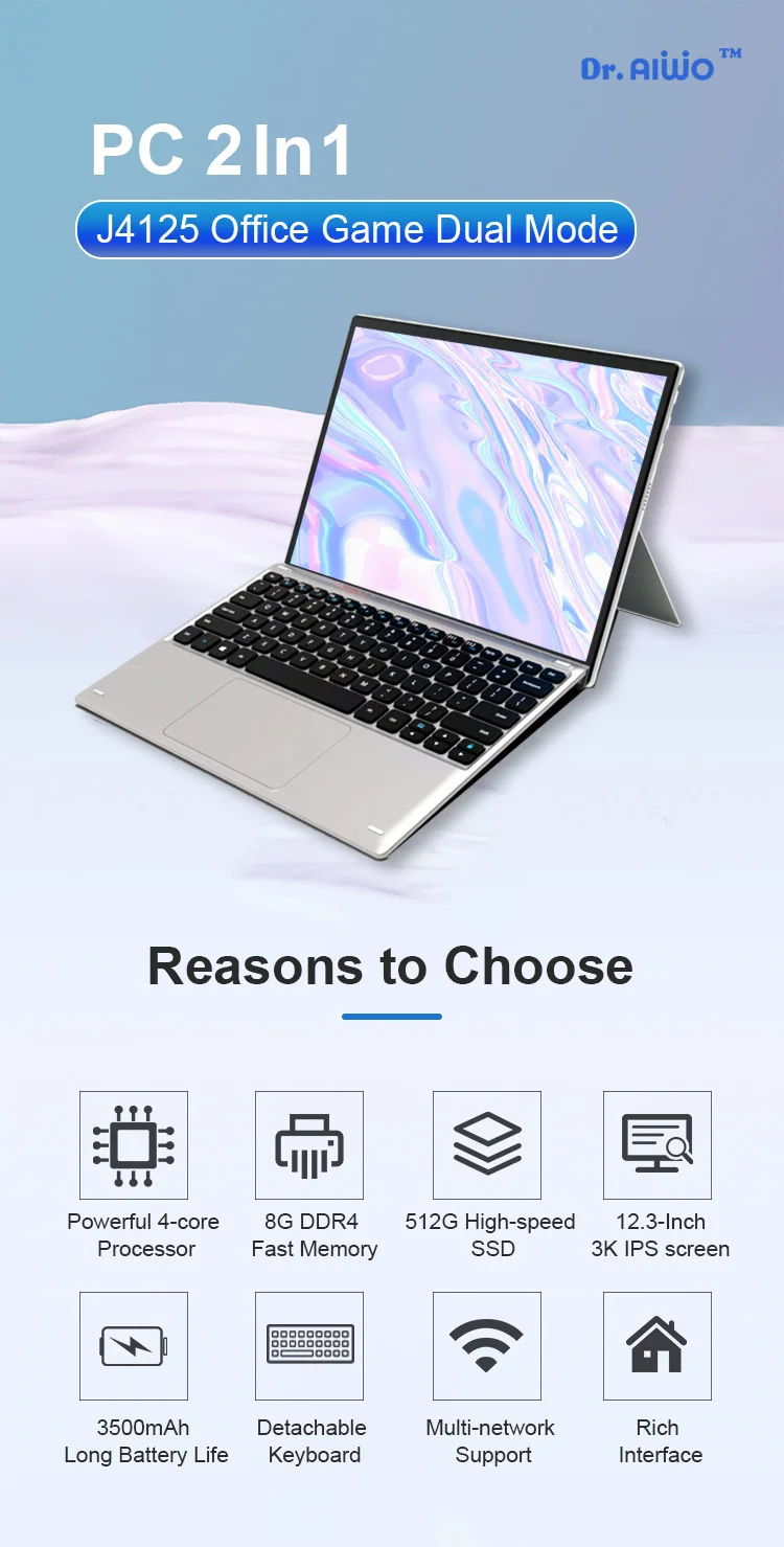 AIWO New Product Chinese mini Laptop 2 1 Notebook Surface Quad Core J4125 Touch Screen Design Convertible Laptop 12.3 inch